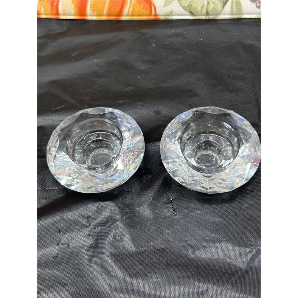 Pair Faceted Clear Glass Diamond Cut Tea Light Votive Candle Holders 3in Set 2